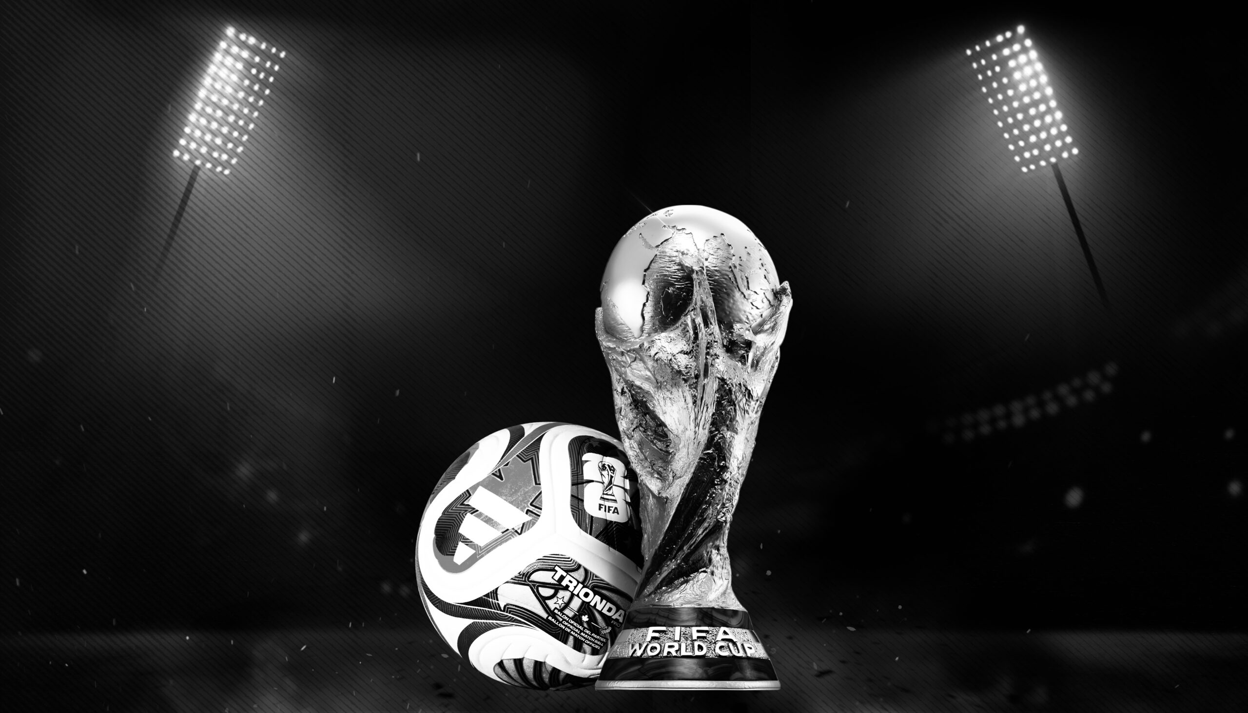 FIFA World Cup trophy and football under stadium lights, symbolising the intersection of football, politics, and global influence.