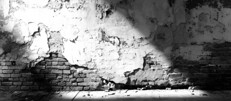 Black-and-white image of a deteriorating wall with cracked plaster exposing old brickwork beneath, symbolising the erosion of institutions, justice and the rule of law.
